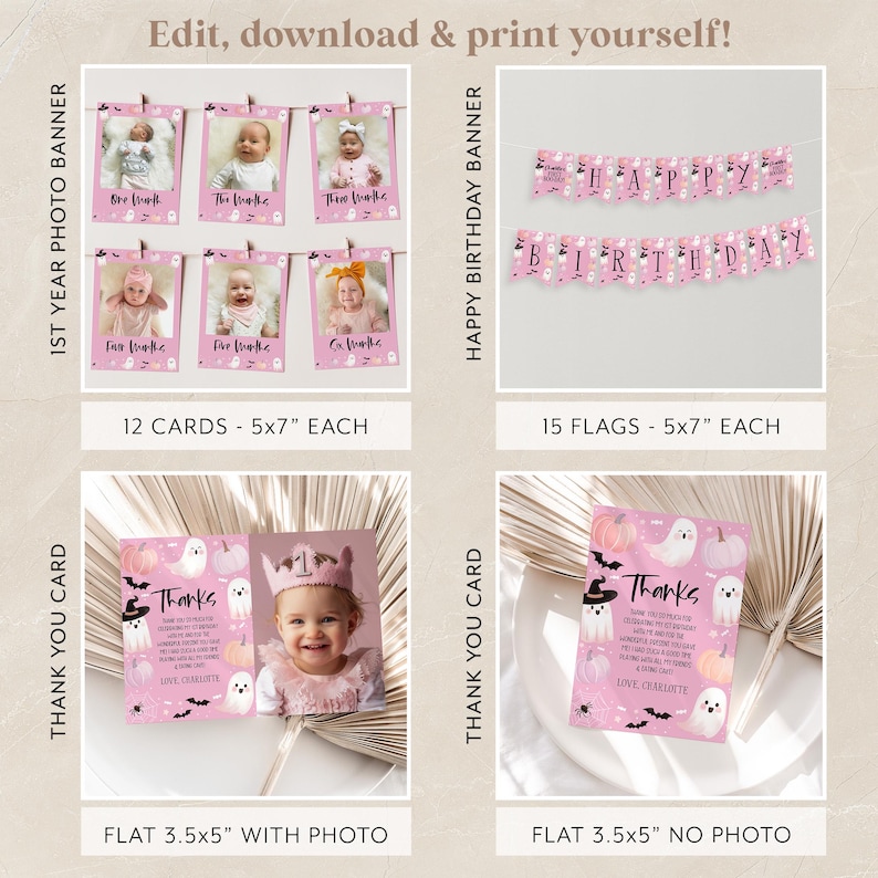 May include: Pink and white Halloween-themed printable party decorations. Includes a banner with the words "Happy Birthday", 12 photo cards, 15 flags, and two thank you cards. One thank you card has a space for a photo and the other does not.