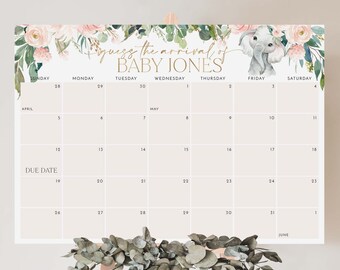 Baby Shower Due Date Calendar, Elephant Baby Birth Date Sign