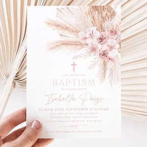 Boho Baptism Invitation, Girls Christening Invitation Template, Boho Floral Christening Invitation, Printable Baptismal Invite, Muted Pink