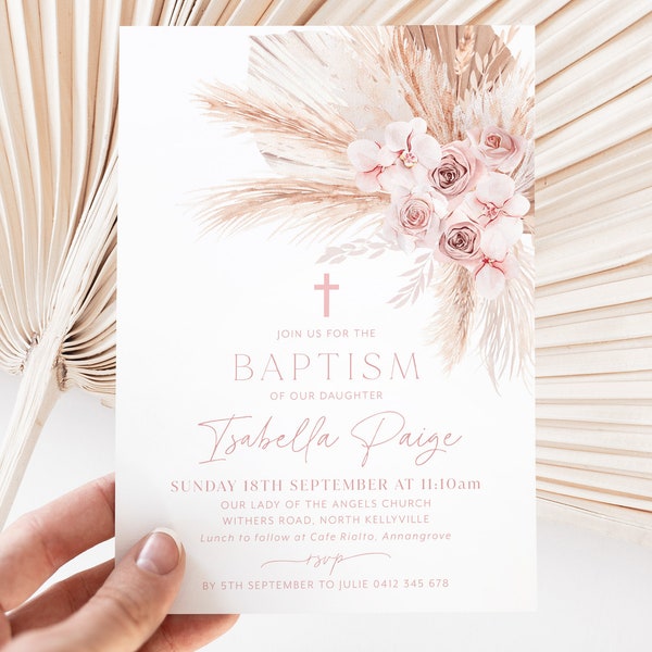 Boho Baptism Invitation, Girls Christening Invitation Template, Boho Floral Christening Invitation, Printable Baptismal Invite, Muted Pink