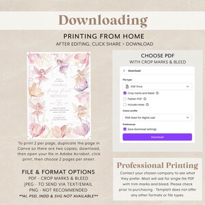 Op de afbeelding: Een digitaal downloadscherm met opties voor het afdrukken van een uitnodiging voor een verjaardagsfeestje met een fee&euml;n-thema. De uitnodiging heeft een aquarelontwerp met fee&euml;n en bloemen in roze, paarse en gele tinten. De tekst op de uitnodiging luidt "Amelie's Fairy First Birthday".