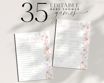May include: Two printable baby shower game cards with floral designs. The first card is titled "Celebrity Babies" and asks players to match baby names with their celebrity parents. The second card is titled "Baby Trivia" and asks players to circle the correct answers to trivia questions about babies.