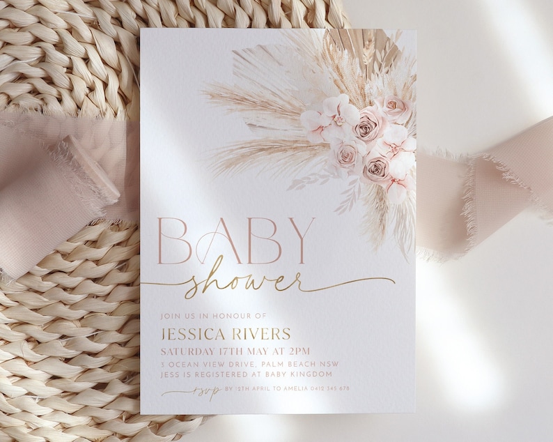 Boho Baby Shower Invitation, Boho Floral Baby Shower, Baby Girl Baby Shower Invite, Dried Flower Invitation, Muted Pink Boho Baby Invitation afbeelding 1