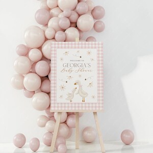 May include: A pink and white gingham baby shower sign with a welcome message and a cute illustration of two geese. The sign is on an easel in front of a wall decorated with pink balloons.