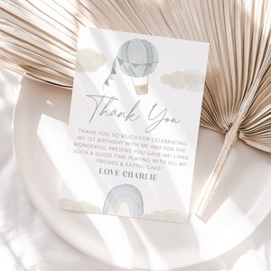 Mr Onederful Thank You Card Template Printable, Hot Air Balloon Thank You Card, Onederful Thank You Card Editable, Rainbow Thank You Card