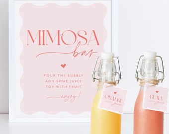 Pink Mimosa Bar Sign, Wavy Mimosa Sign, Bridal Shower Mimosa Bar Sign, Juice Labels, Mimosa and Juice Labels, Pink Red Bridal Shower Mimosa