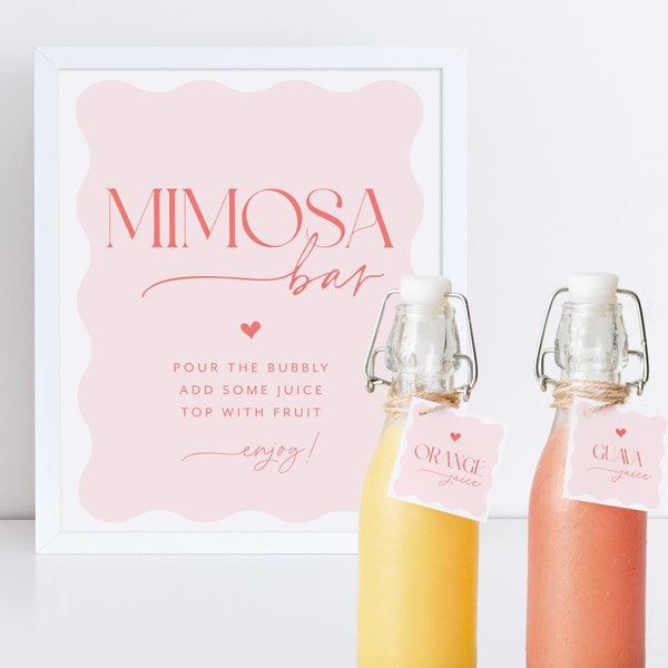 Pink Mimosa Bar Sign, Wavy Mimosa Sign, Bridal Shower Mimosa Bar Sign, Juice Labels, Mimosa and Juice Labels, Pink Red Bridal Shower Mimosa