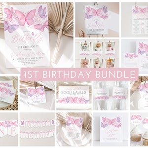 Butterfly Birthday Invitation Bundle, Pink Butterfly Invitation, 1st Birthday Girl, First Birthday Decorations, Butterfly Party Decorations