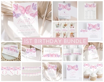 May include: A printable 1st birthday party bundle featuring a watercolor butterfly theme. The bundle includes invitations, food labels, a banner, cupcake toppers, a sign, and more. The colors are pink, purple, and white.