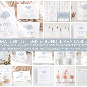 Op de afbeelding: Een verzameling baby shower briefpapier in wit en lichtblauw, met een walvisillustratie. Inclusief uitnodigingen, bedankkaarten, spelletjes en bewegwijzering. De tekst bevat "BOY!" en "Baby Shower".