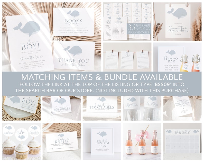 Op de afbeelding: Een verzameling baby shower briefpapier in wit en lichtblauw, met een walvisillustratie. Inclusief uitnodigingen, bedankkaarten, spelletjes en bewegwijzering. De tekst bevat "BOY!" en "Baby Shower".