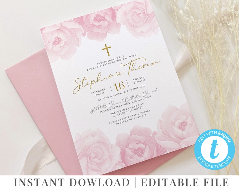 Christening Invitation Girl Baptism Invitation Template Pink Floral Christening Invite Gold Printable Invitation Baby Girl Invitation