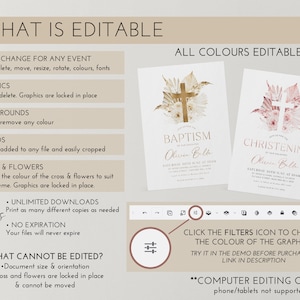 May include: Two invitation templates for Baptism and Christening, featuring floral and cross designs. The text includes "Baptism" and "Christening" with editable text options. The image also highlights the ability to change colors and add photos.