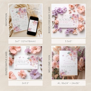 Pu&ograve; includere: Un set di biglietti per baby shower stampabili con un design floreale con farfalle. I biglietti includono un invito, un biglietto per la lotteria dei pannolini, un cartello di benvenuto e un biglietto per i libri per bambini. I biglietti sono disponibili in diverse dimensioni, tra cui 12,7x17,8 cm, 8,9x12,7 cm, 5,1x8,9 cm, 45,7x61 cm e 61x91,4 cm.