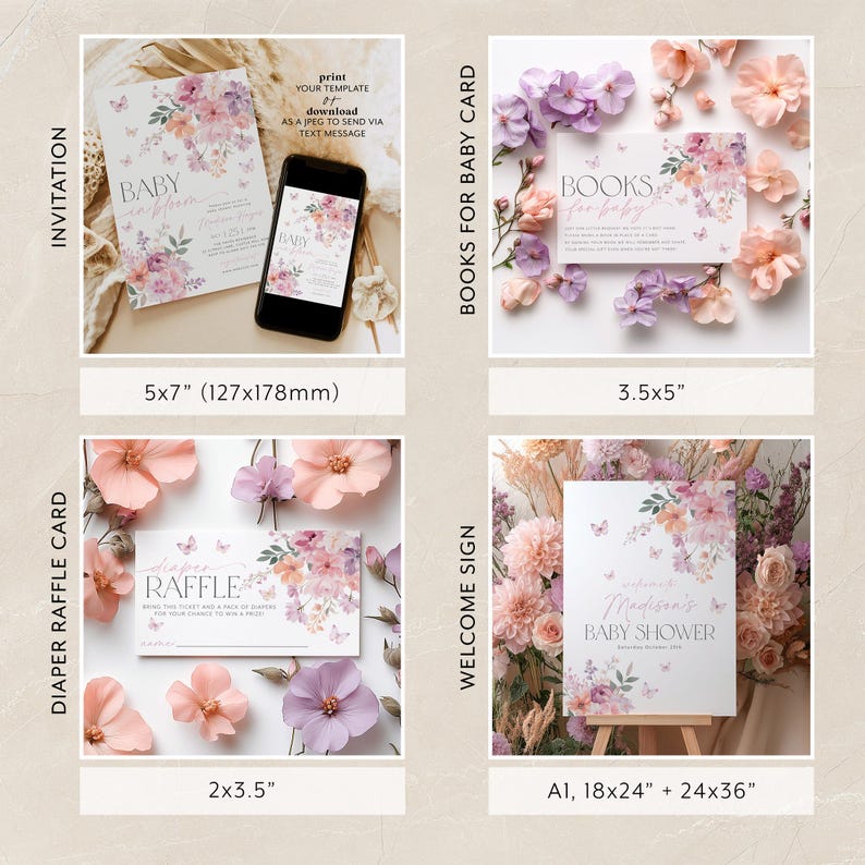 Pu&ograve; includere: Un set di biglietti per baby shower stampabili con un design floreale con farfalle. I biglietti includono un invito, un biglietto per la lotteria dei pannolini, un cartello di benvenuto e un biglietto per i libri per bambini. I biglietti sono disponibili in diverse dimensioni, tra cui 12,7x17,8 cm, 8,9x12,7 cm, 5,1x8,9 cm, 45,7x61 cm e 61x91,4 cm.