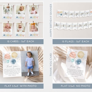May include: A set of printable party decorations for a baby's first birthday with a celestial theme. The set includes a banner with the words "happy birthday", 12 cards with a photo space, and two thank you cards, one with a photo space and one without.