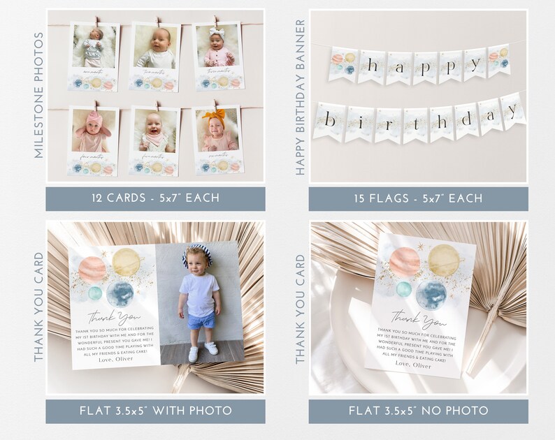 May include: A set of printable party decorations for a baby's first birthday with a celestial theme. The set includes a banner with the words "happy birthday", 12 cards with a photo space, and two thank you cards, one with a photo space and one without.