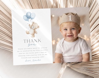 Bear Thank You Card Template, Printable Thank You Card, Thank You Card Editable, Blue Bear Thank You Card, Beary 1st Birthday Thank You Card