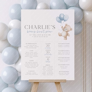 Beary First Birthday Milestone Sign, Bear 1st Birthday Milestone Board, Baby First Birthday, Milestone Sign 1st Birthday Bear Balloons Blue