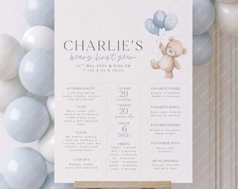 May include: A personalized baby milestone sign with the text "Charlie's beary first year." The sign includes the baby's birthdate, weight, and height. It features a watercolor illustration of a teddy bear holding balloons and lists the baby's favorite things.