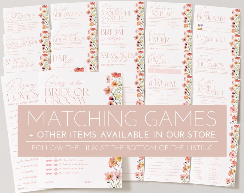 Pu&ograve; includere: Un set di giochi per addio al nubilato stampabili a tema floreale. I giochi includono "Indovina chi &egrave; la sposa o lo sposo", "Disney Love's", "Consigli per la sposa", "Quanto bene conosci la sposa", "Serata romantica", "Ricordi della sposa", "Ti amo in giro per il mondo", "Lei preferisce", "Perch&eacute; fare questo?", "Orso alla scala", "Bingo di fiori", "Quella melodia", "Scramble di parole nuziali", "Come si dice?", "Il testo", "Pictionary".
