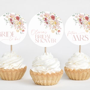 Floral Cupcake Toppers, Bridal Shower Cupcake Toppers, Printable Cupcake Topper, Editable Cupcake Toppers, Pink Floral Bridal Shower Cupcake