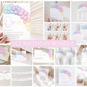 Pastel Rainbow Birthday Invitation Bundle, Pastel 1st Birthday Invite, Rainbow Birthday, 1st Birthday Girl, Pastel Rainbow Party Decorations