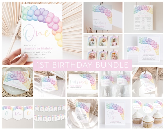 Pastel Rainbow Birthday Invitation Bundle, Pastel 1st Birthday