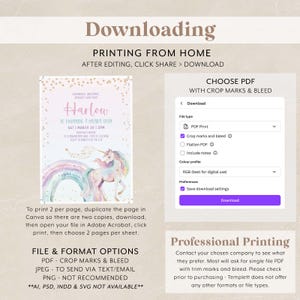 May include: A digital invitation template for a child's birthday, featuring a unicorn, rainbow, and the name "Harlow." Instructions for printing and file format options are included. The design is in soft pastel colors.