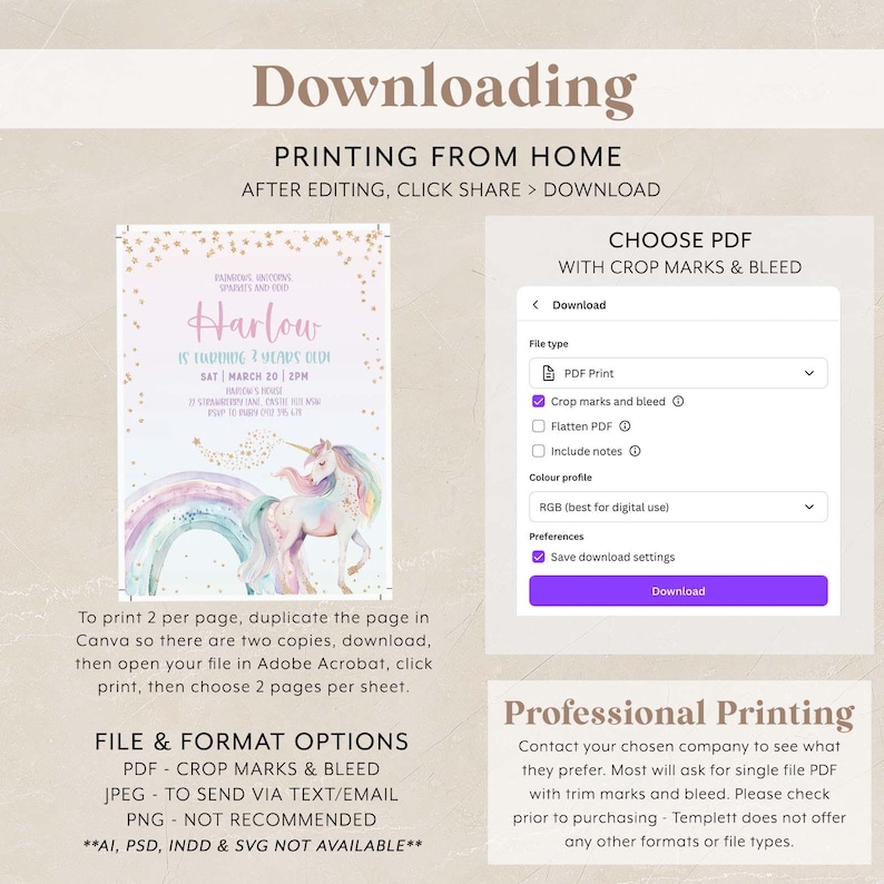 May include: A digital invitation template for a child's birthday, featuring a unicorn, rainbow, and the name "Harlow." Instructions for printing and file format options are included. The design is in soft pastel colors.