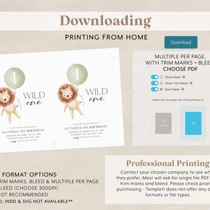 May include: A printable invitation for a first birthday party. The invitation features a cartoon lion holding a green balloon with the number one on it. The text on the invitation reads "Wild One" and "Oliver's 1st Birthday".