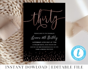 30th Birthday Invitation, Rose Gold Invitation Template, Editable Template, 30, Thirty, 30th Birthday Invite, Black Rose Gold, 30th Party