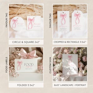 May include: Printable templates for wedding, bridal shower, or baby shower favors, food labels, and custom signs. The designs feature a pink watercolor bow with the text "Thanks" and "Food Labels".