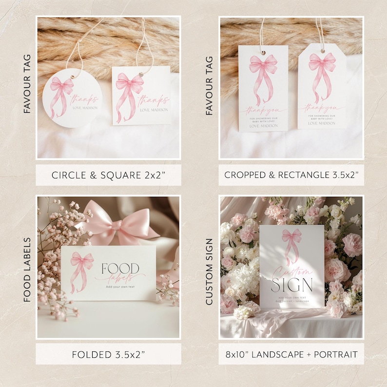 May include: Printable templates for wedding, bridal shower, or baby shower favors, food labels, and custom signs. The designs feature a pink watercolor bow with the text "Thanks" and "Food Labels".