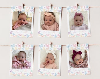 May include: Six colorful photo cards with a butterfly design and a baby's photo on each card. The cards are strung together with a white string and clothespins. The cards are labeled with the baby's age in months: One Month, Two Months, Three Months, Four Months, Five Months, and Six Months.