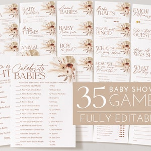 Boho babyshowerspellen, bewerkbare babyshowerspellen, afdrukbare spellen, babyspellenpakket, genderneutraal babydouchespel, gedroogde bloemenspellen