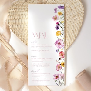 Floral Menu Template, Printable Bridal Shower Menu, Flower Menu, Editable Menu, Floral Bridal Menu Printable, Purple Flowers, Pink Poppies