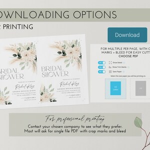 Op de afbeelding: Een digitale download voor een printbare bruidsdouche-uitnodiging met een boho-thema. De uitnodiging bevat een aquarel-illustratie van pampasgras en witte bloemen. De tekst op de uitnodiging luidt "Bridal Shower" en bevat de naam van de bruid, "Rachel King".