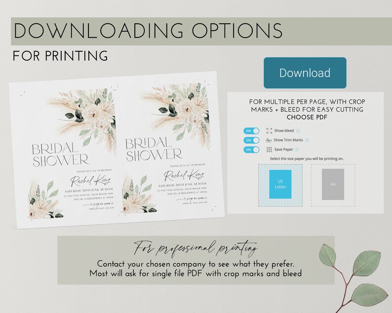 Op de afbeelding: Een digitale download voor een printbare bruidsdouche-uitnodiging met een boho-thema. De uitnodiging bevat een aquarel-illustratie van pampasgras en witte bloemen. De tekst op de uitnodiging luidt "Bridal Shower" en bevat de naam van de bruid, "Rachel King".