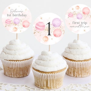 Space Cupcake Toppers, Printable Cupcake Topper, First Trip Around The Sun Cupcake Topper, 1st Birthday Editable Planet Cupcake Toppers
