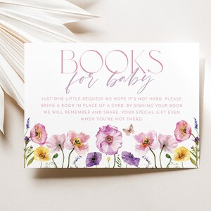 Floral Books For Baby Card Printable, Book Request Card, Baby in Bloom Baby Shower Book For Baby, Purple Flowers, Pink Flower Books For Baby