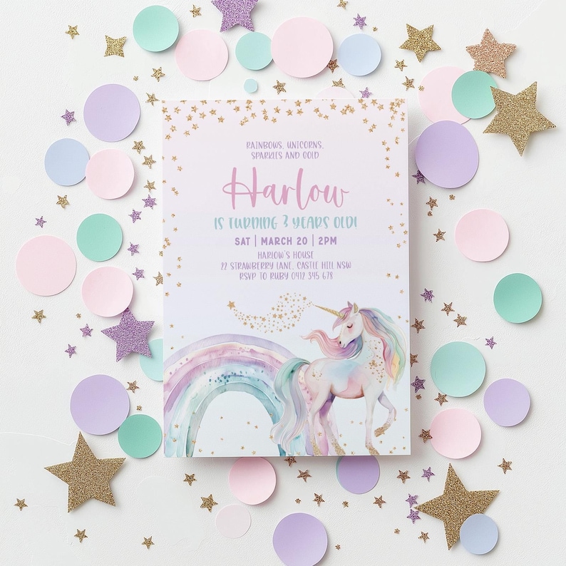 May include: A birthday invitation with a unicorn and rainbow design. The invitation features the name "Harlow" and the text "is turning 3 years old!" surrounded by pastel confetti and gold glitter stars.
