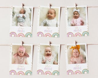Può includere: Un set di sei carte per i traguardi del bambino con un bambino in diversi abiti e pose. Ogni carta ha un design a ciambella con il testo "Un mese", "Due mesi", "Tre mesi", "Quattro mesi", "Cinque mesi" e "Sei mesi".