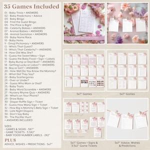 Pu&ograve; includere: Un set stampabile di 35 giochi per baby shower, tra cui quiz sui bambini, bingo sui bambini e indovina il cibo per bambini. I giochi sono stampati su carta bianca con motivi floreali rosa e sono disponibili nelle dimensioni 12,7x17,8 cm e 8,9x5,1 cm.