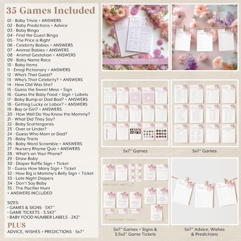 Pu&ograve; includere: Un set stampabile di 35 giochi per baby shower, tra cui quiz sui bambini, bingo sui bambini e indovina il cibo per bambini. I giochi sono stampati su carta bianca con motivi floreali rosa e sono disponibili nelle dimensioni 12,7x17,8 cm e 8,9x5,1 cm.