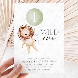 Wild One Birthday Invitation, Lion 1st Birthday Invite, Wild One Invitation Printable, 1st Birthday Boy, Boy Birthday Invitation Green Lion