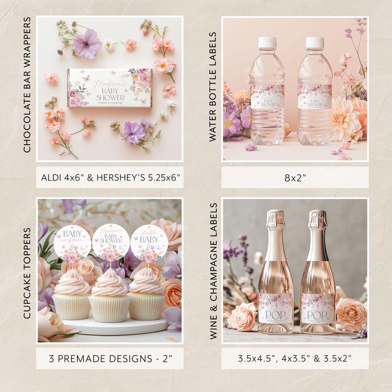 Pu&ograve; includere: Un set di decorazioni per feste di baby shower stampabili con un design floreale con farfalle. Il set include topper per cupcake, involucri per barrette di cioccolato, etichette per bottiglie d'acqua ed etichette per vino e champagne. Le etichette sono disponibili in diverse dimensioni.