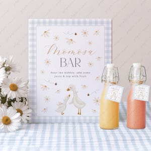 Könnte beinhalten: Ein blauer und weißer Gingham-Hintergrund mit einem Schild, auf dem "Momosa Bar" mit einem Blumendesign und zwei Gänsen steht. Das Schild sagt auch "Pour the bubbly, add some juice & top with fruit". Es gibt zwei kleine Glasflaschen mit Etiketten, auf denen "Orange Juice" und "Guava Juice" steht.