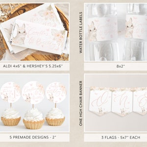 K&ouml;nnte beinhalten: Ein Set mit druckbaren Partydekorationen f&uuml;r eine erste Geburtstagsparty mit einem Hasenthema. Das Set beinhaltet Cupcake-Topper, Schokoladenriegel-Verpackungen, Wasserflaschenetiketten und ein Banner. Die Dekorationen sind rosa und wei&szlig; mit einem Blumendesign und einer niedlichen Hasenillustration. Der Text auf den Dekorationen lautet "Es ist mein erster Geburtstag".