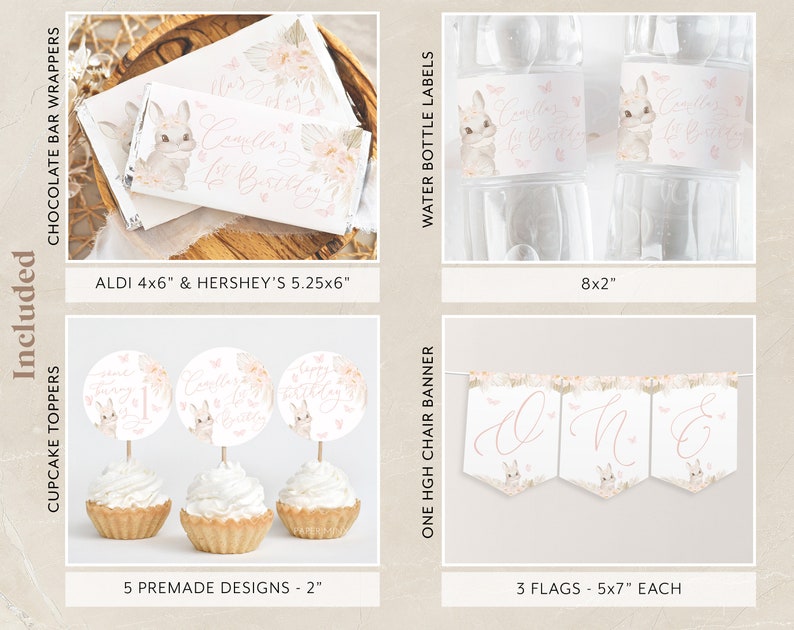 K&ouml;nnte beinhalten: Ein Set mit druckbaren Partydekorationen f&uuml;r eine erste Geburtstagsparty mit einem Hasenthema. Das Set beinhaltet Cupcake-Topper, Schokoladenriegel-Verpackungen, Wasserflaschenetiketten und ein Banner. Die Dekorationen sind rosa und wei&szlig; mit einem Blumendesign und einer niedlichen Hasenillustration. Der Text auf den Dekorationen lautet "Es ist mein erster Geburtstag".